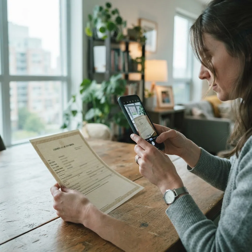 A client at home photographing an original document with their phone to send for a quote