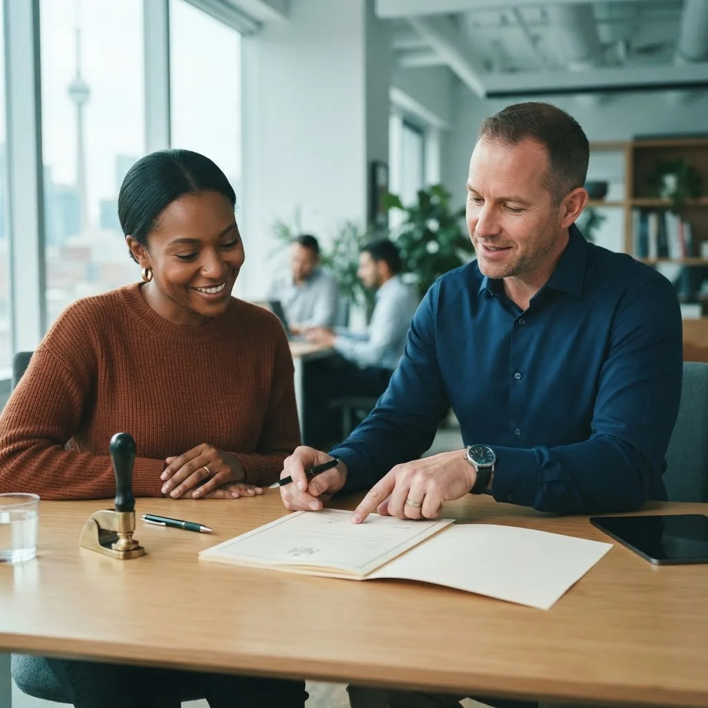 A document specialist reviewing official papers with a client at a modern Toronto office desk